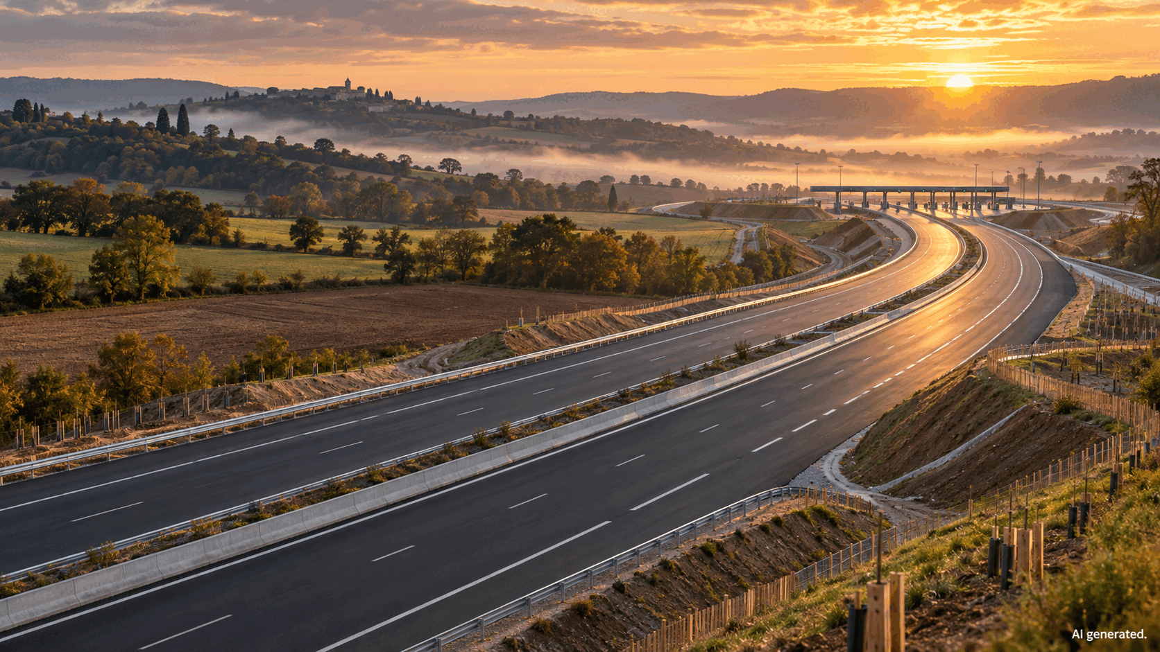 A fictional new motorway through rolling countryside at sunrise, AI generated