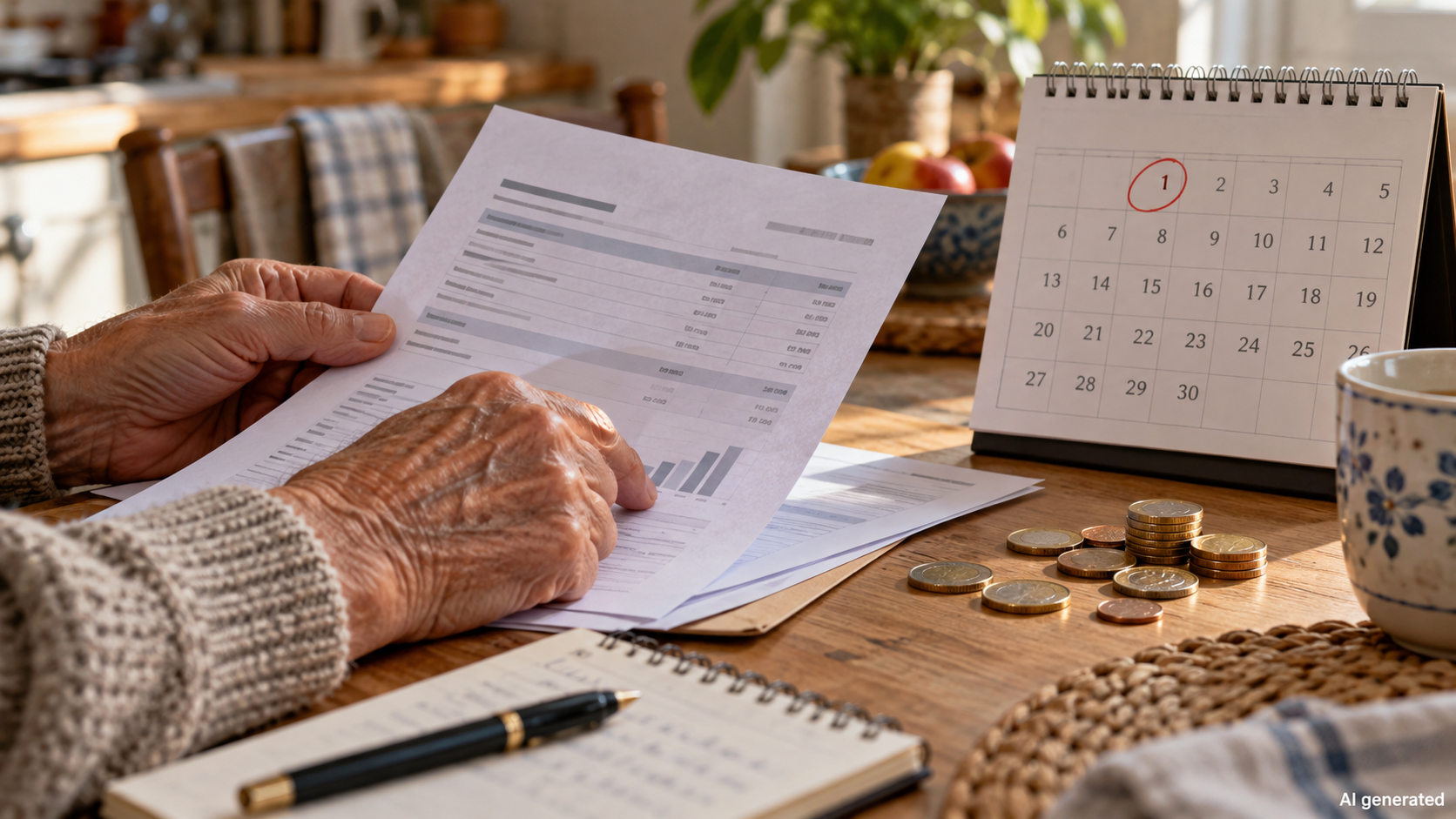 Older hands reviewing a pension statement beside a calendar and euro coins, AI generated