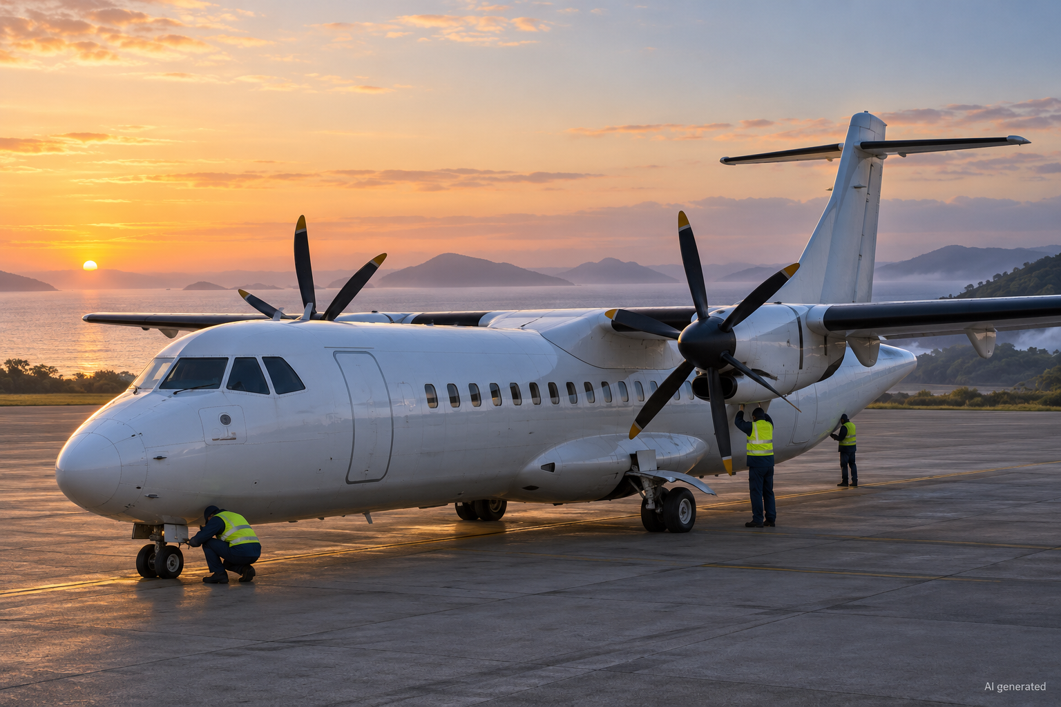 Generic regional turboprop aircraft undergoing inspection at dawn, AI generated