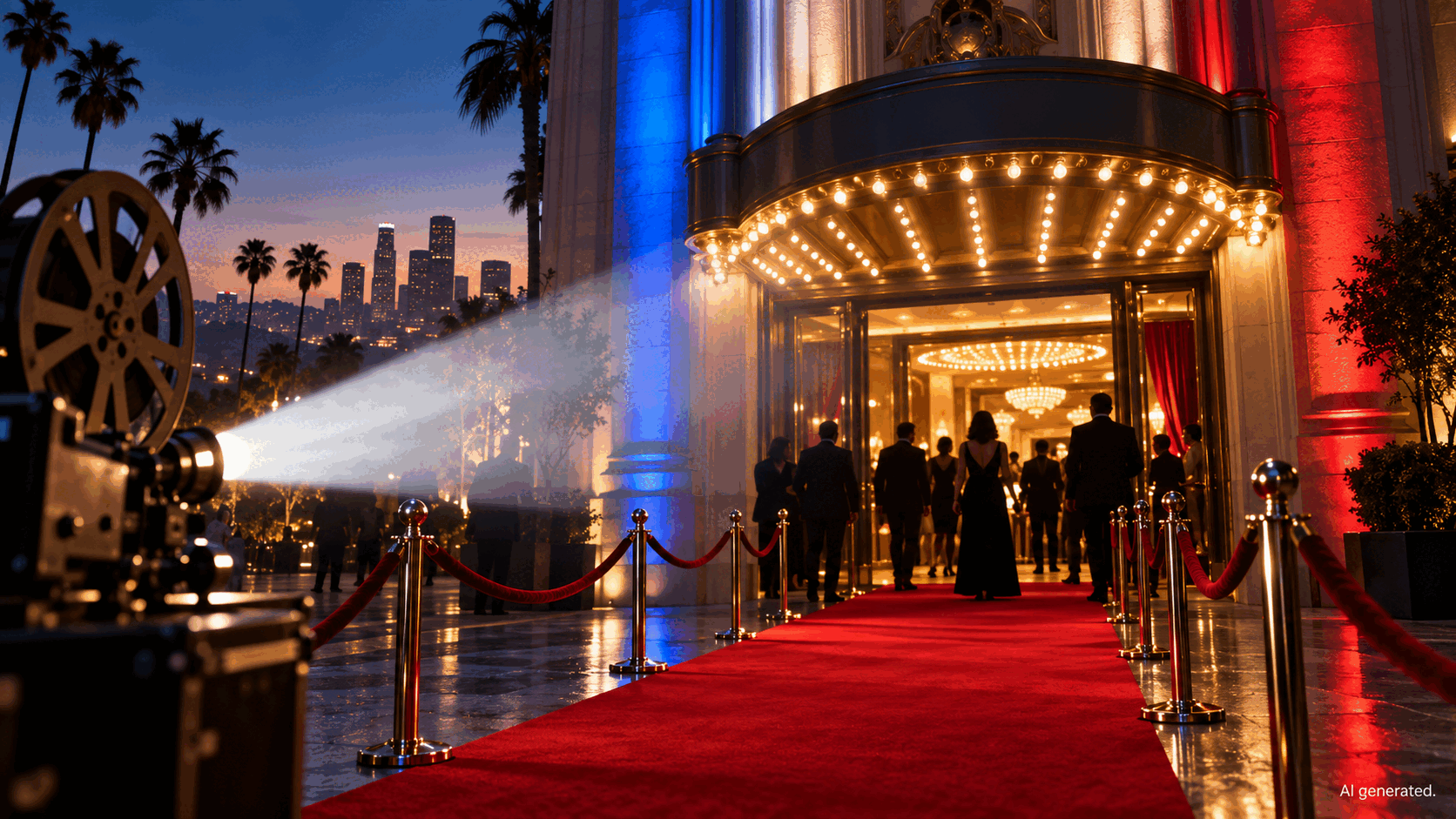A fictional Los Angeles cinema entrance with a red carpet and projector, AI generated