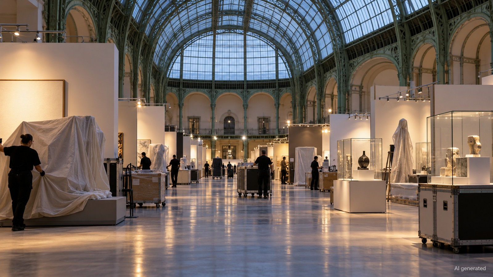 A generic glass-roofed art fair being calmly closed, AI generated