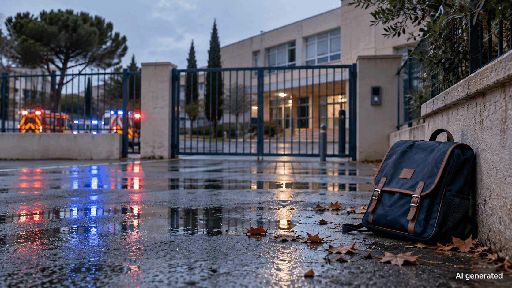 An anonymous French school gate after an emergency response, AI generated