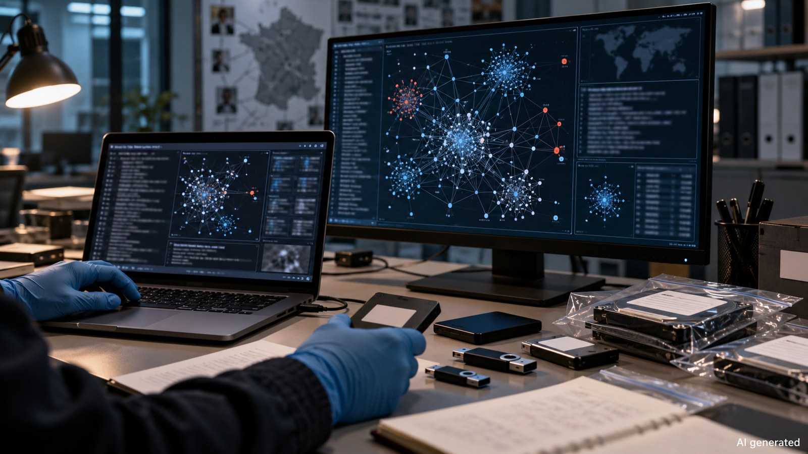 A digital-forensics workstation with abstract network graphs, AI generated