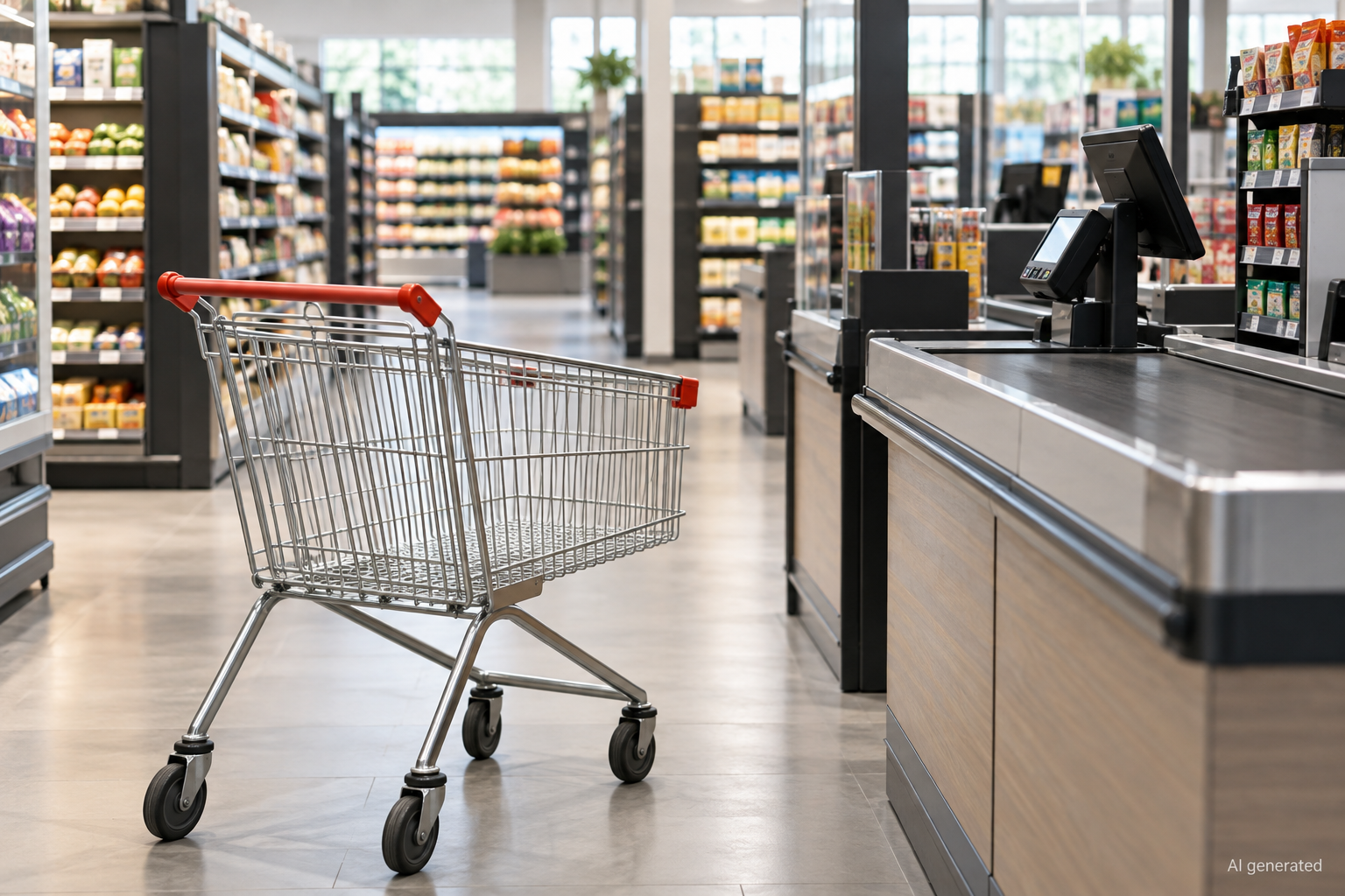 Unbranded fictional supermarket checkout and shopping trolley, AI generated
