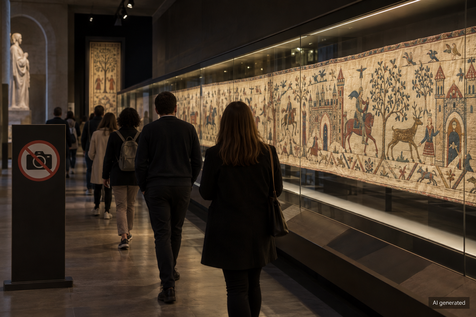 Fictional museum gallery with a generic medieval textile and no-camera sign, AI generated