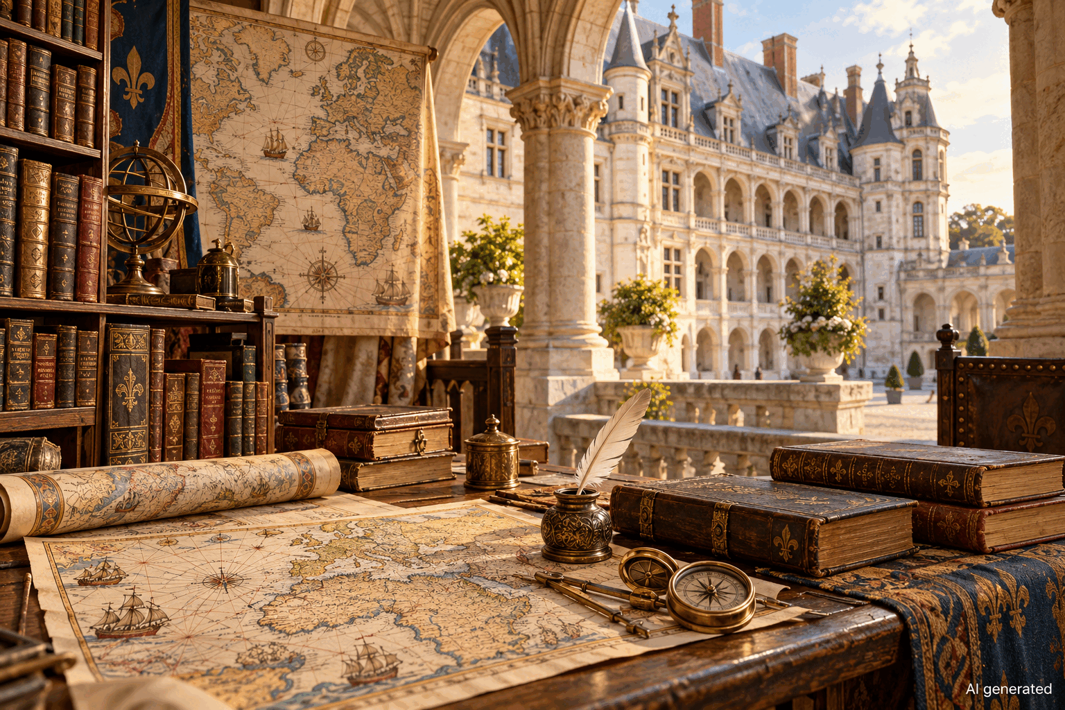 Historical book fair with trade-route maps in a Blois setting, AI generated