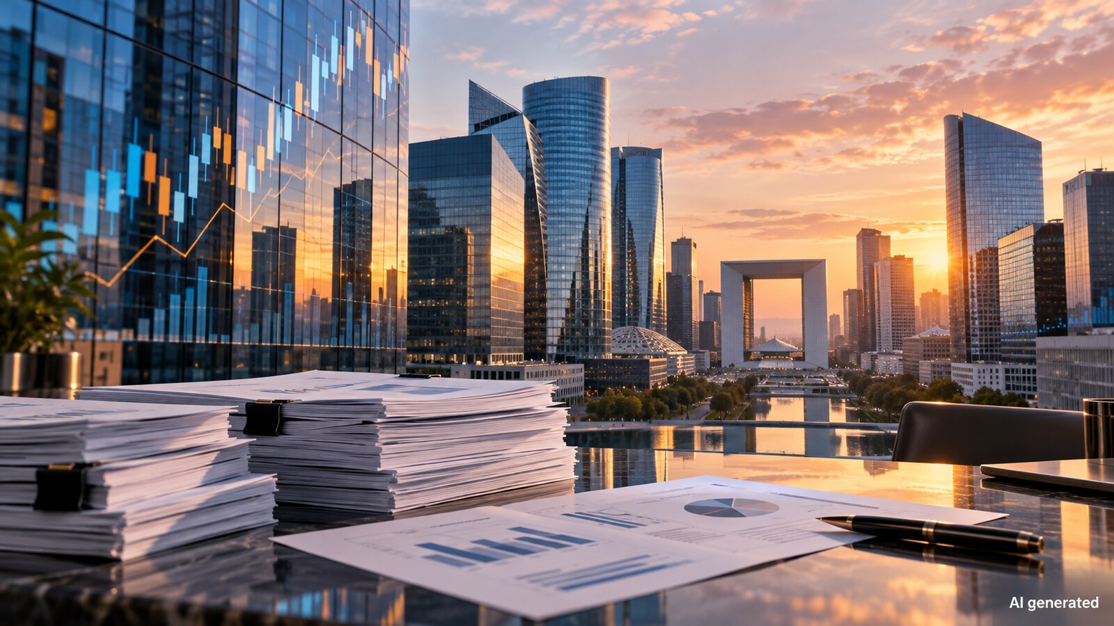 An imagined Paris financial district office with reports and abstract market charts, AI generated