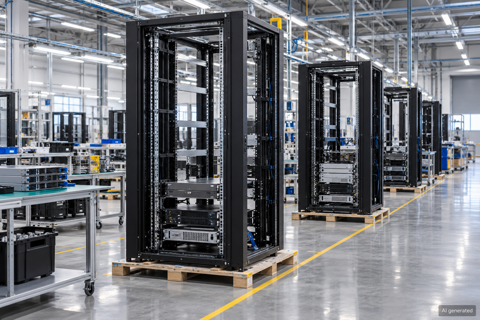 Unfinished server racks in a generic assembly factory, AI generated