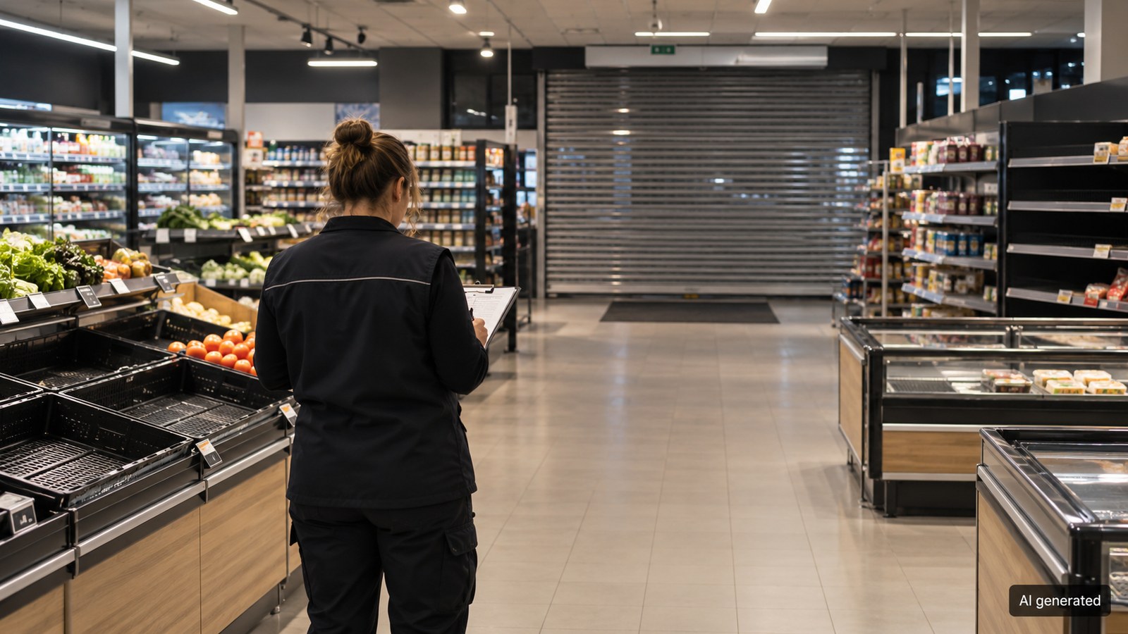 An anonymous employee checks stock in a generic supermarket, AI generated