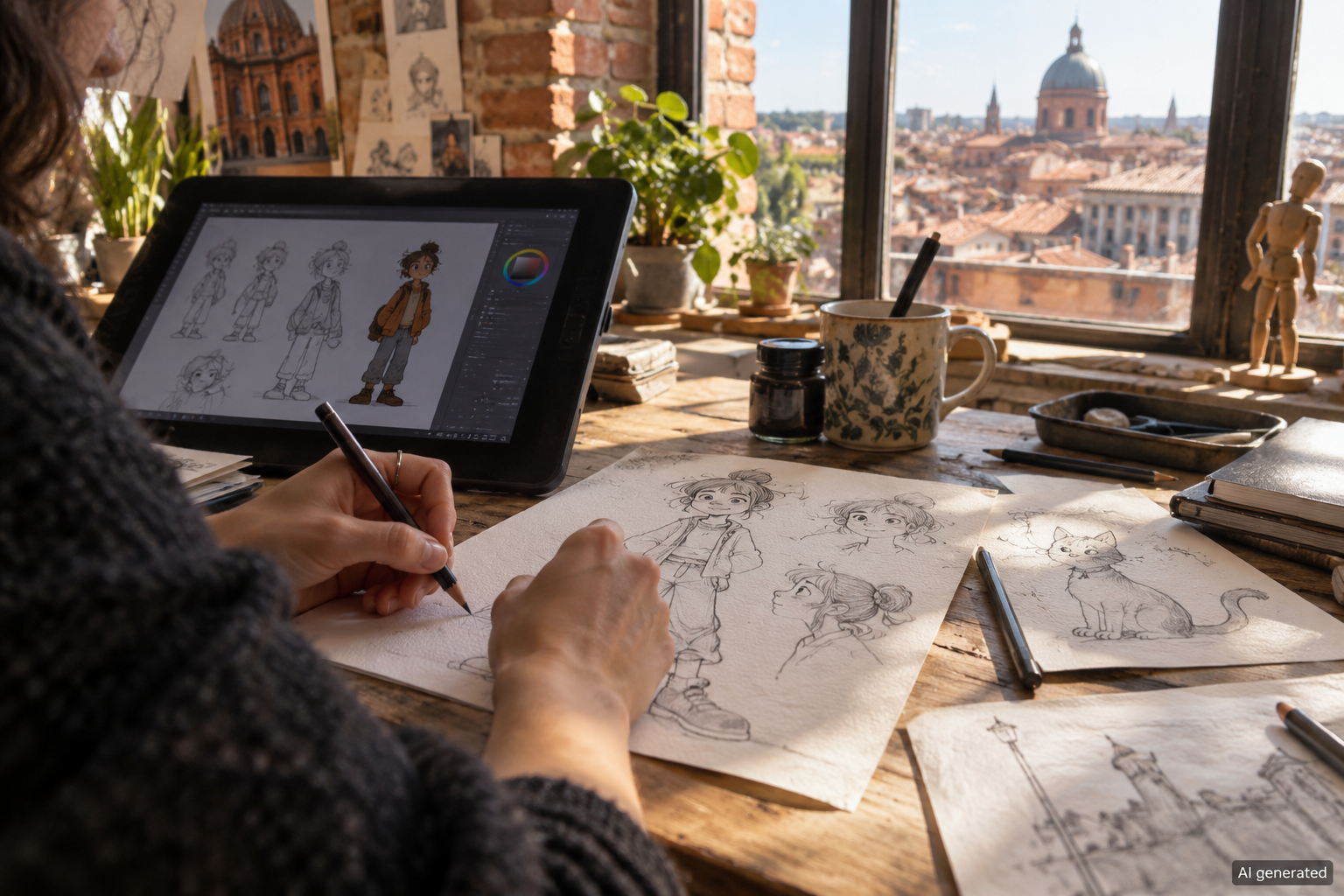 AI-generated illustration of a fictional animation artist drawing original characters in a brick studio