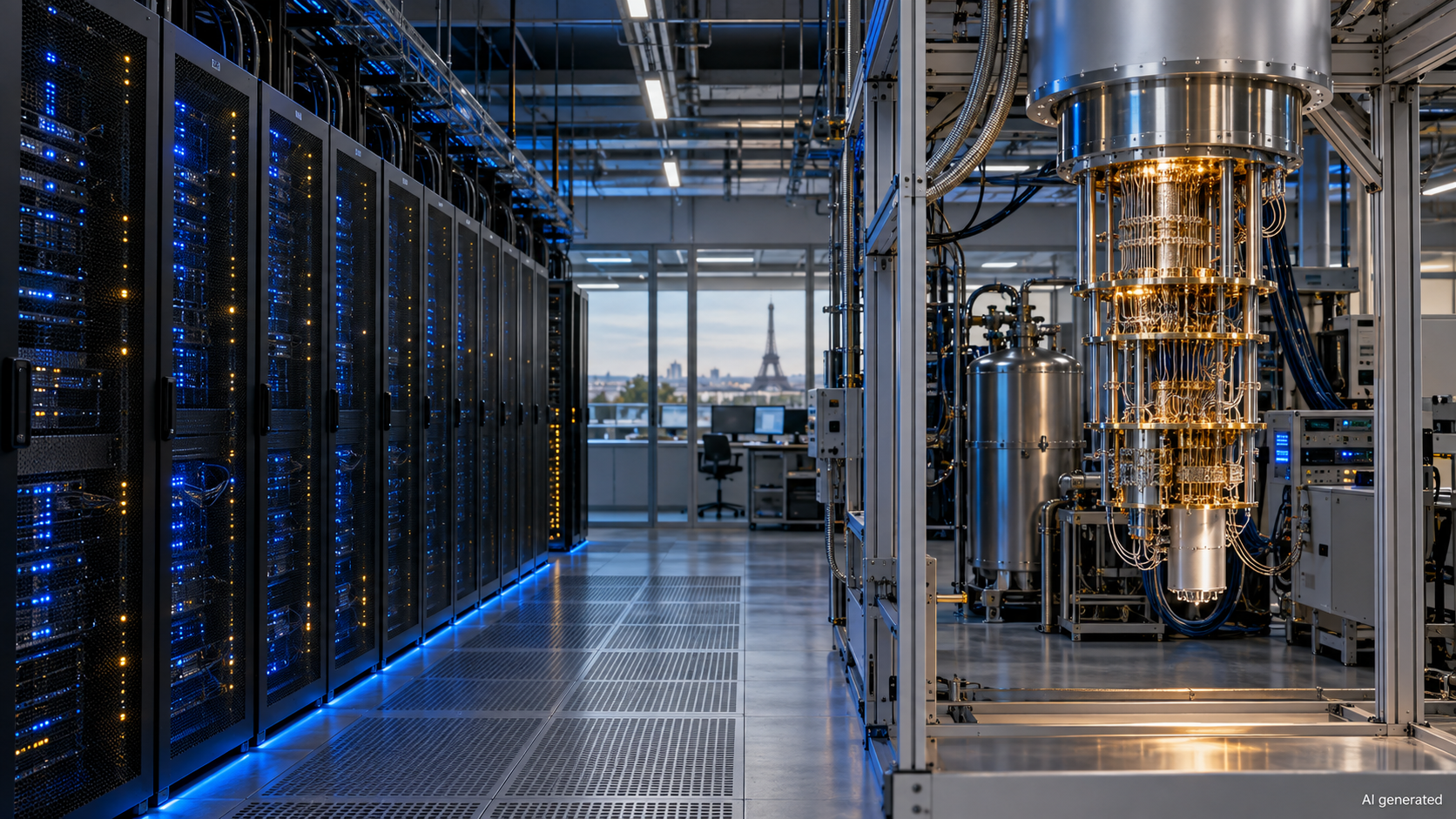 A fictional laboratory combining supercomputer racks with a quantum cryogenic system. AI generated.