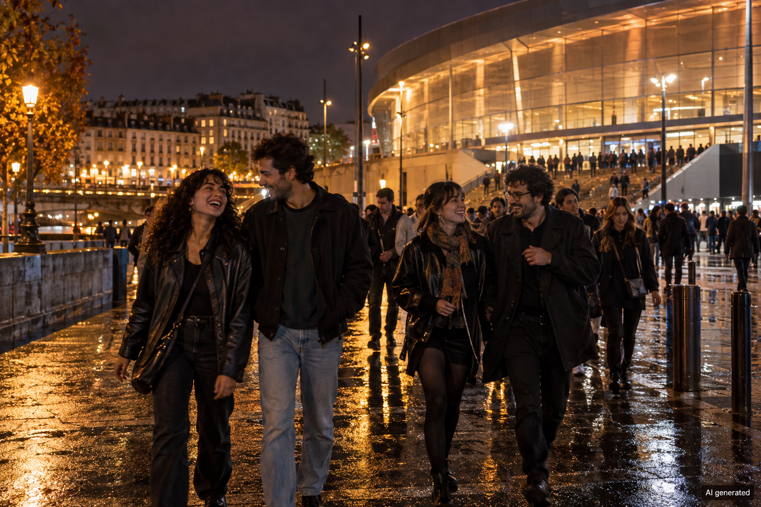 AI-generated illustration of fictional concertgoers outside an unnamed arena at night