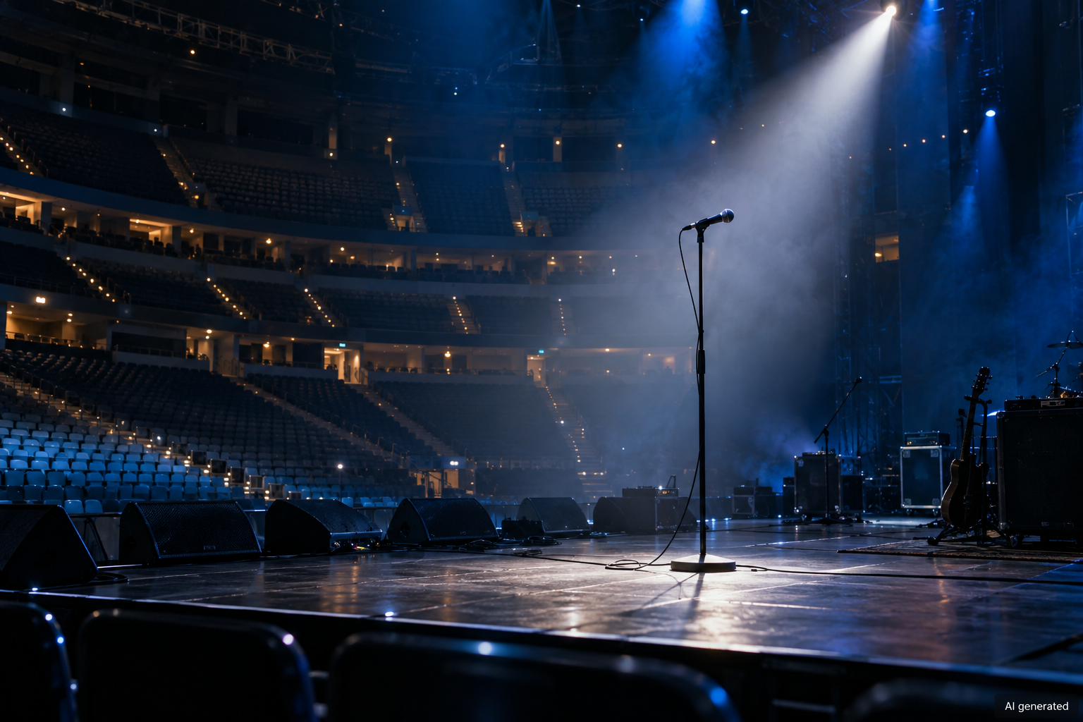 An empty fictional arena stage during soundcheck — AI generated illustration.