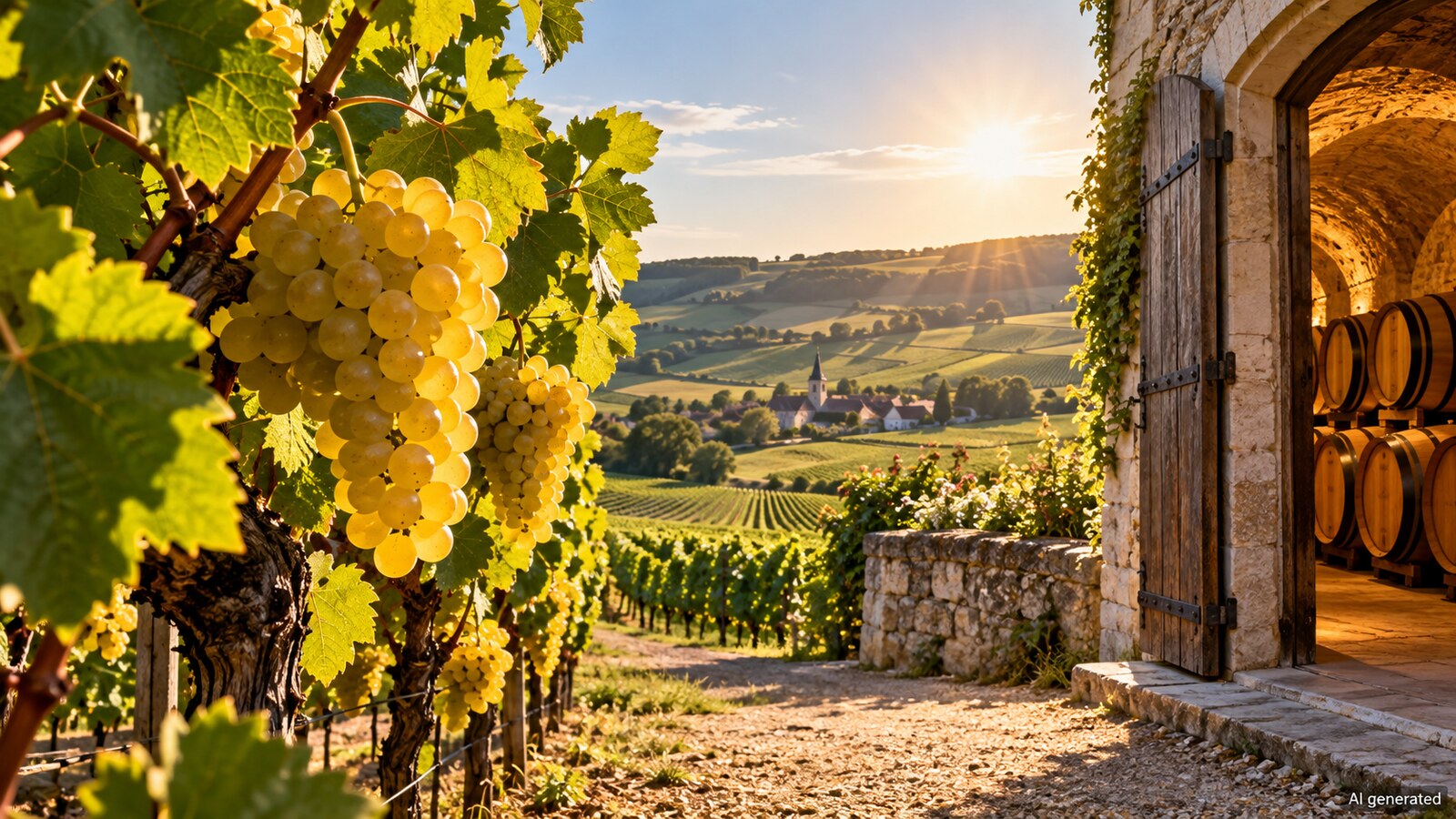 An imagined sunlit Champagne vineyard beside a traditional cellar, AI generated