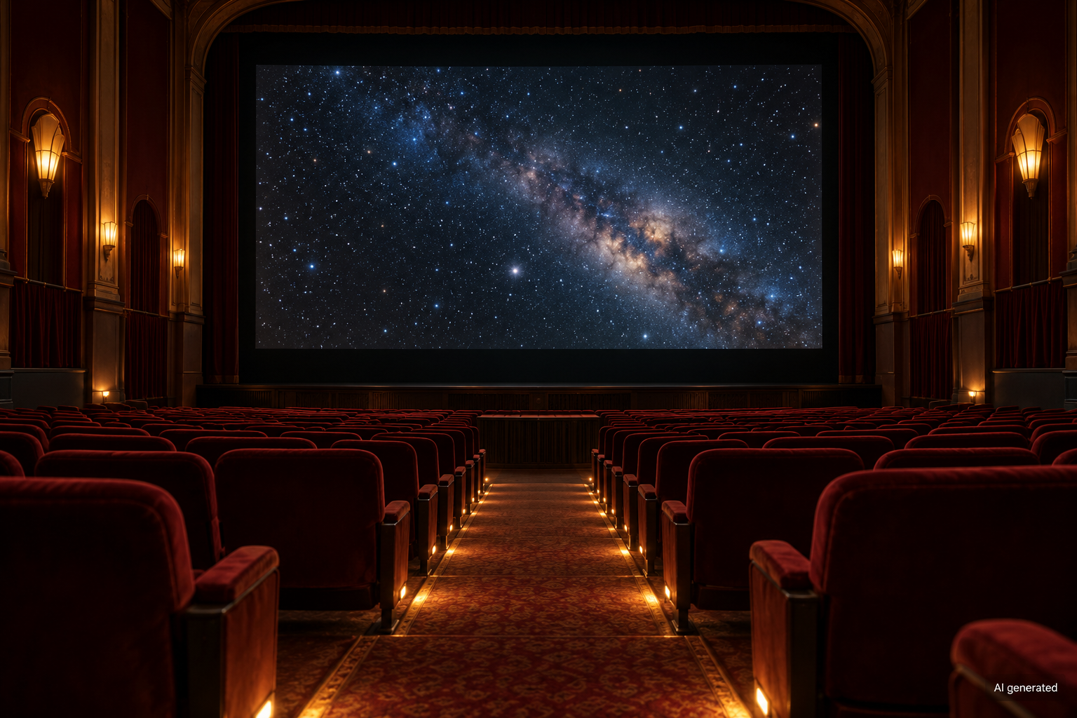 Empty fictional cinema auditorium with a generic starfield on screen, AI generated
