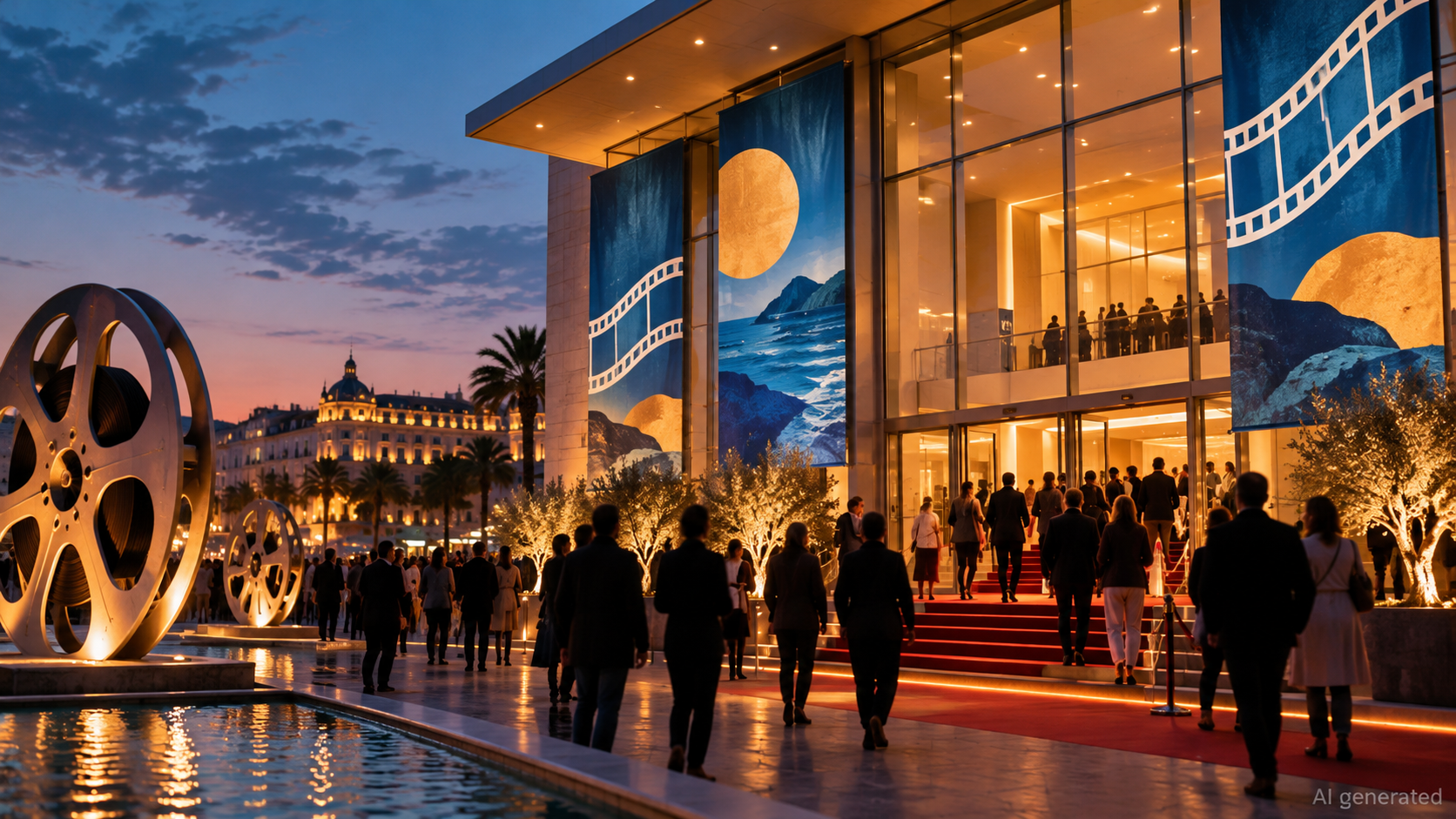 Crowds entering a Mediterranean-themed cinema venue at twilight, AI generated