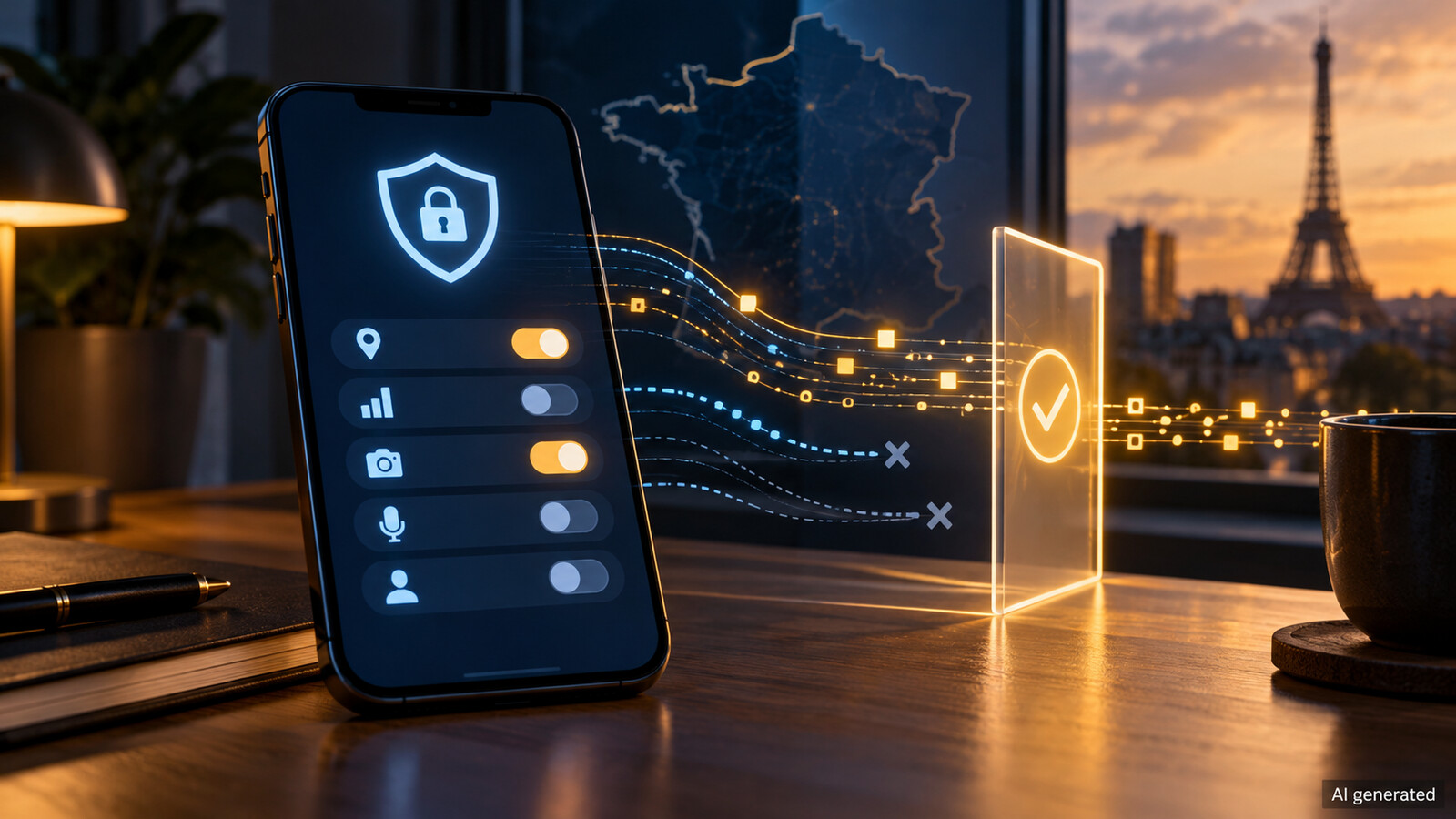 An unbranded smartphone with privacy controls and a consent barrier, AI generated