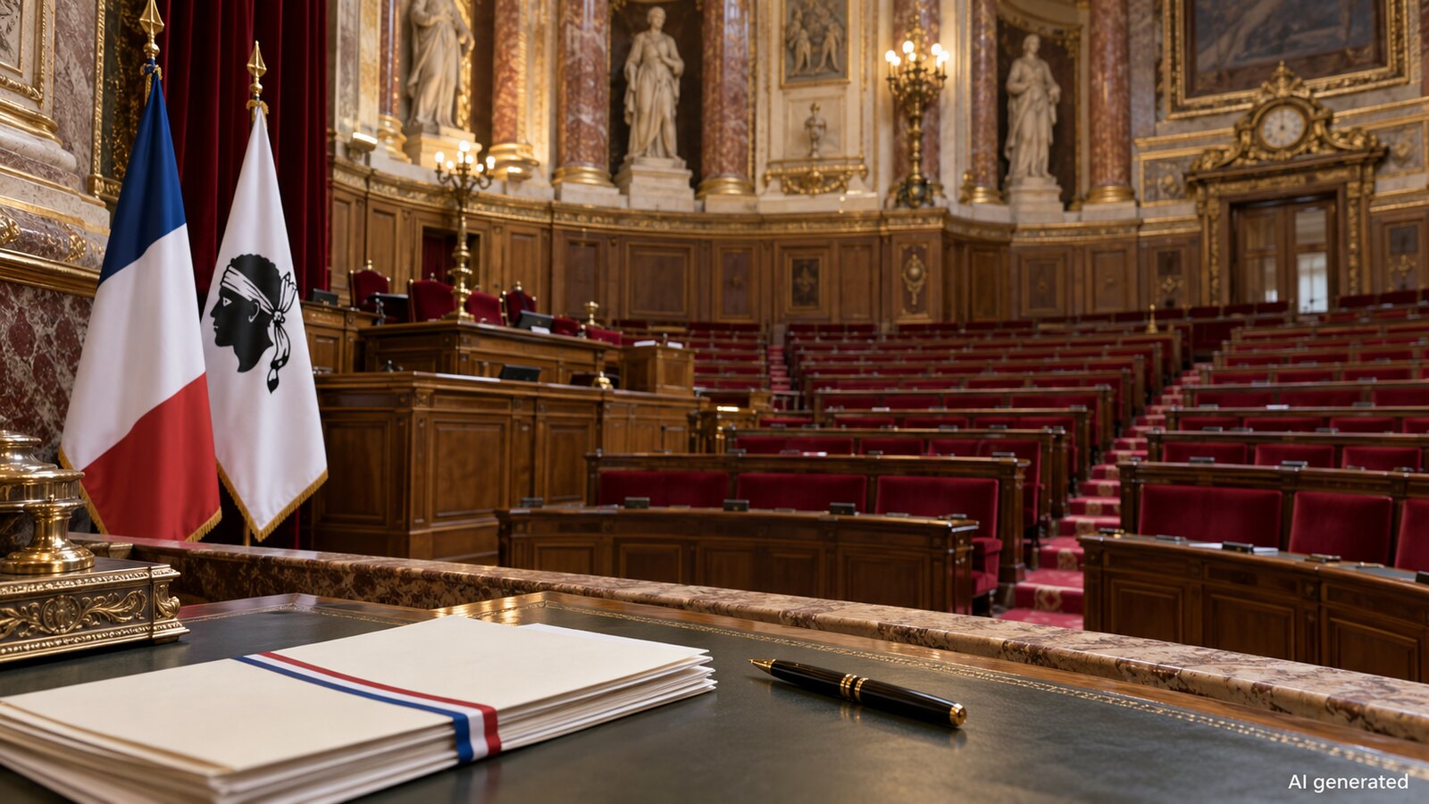 Empty chamber with French and Corsican flags and constitutional papers, AI generated
