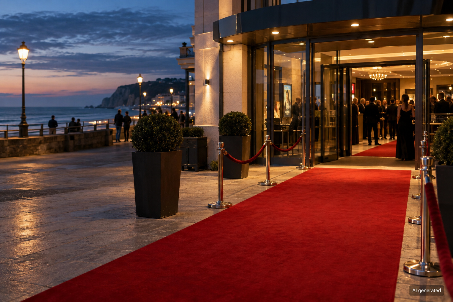 Red carpet outside a fictional seaside festival venue — AI generated