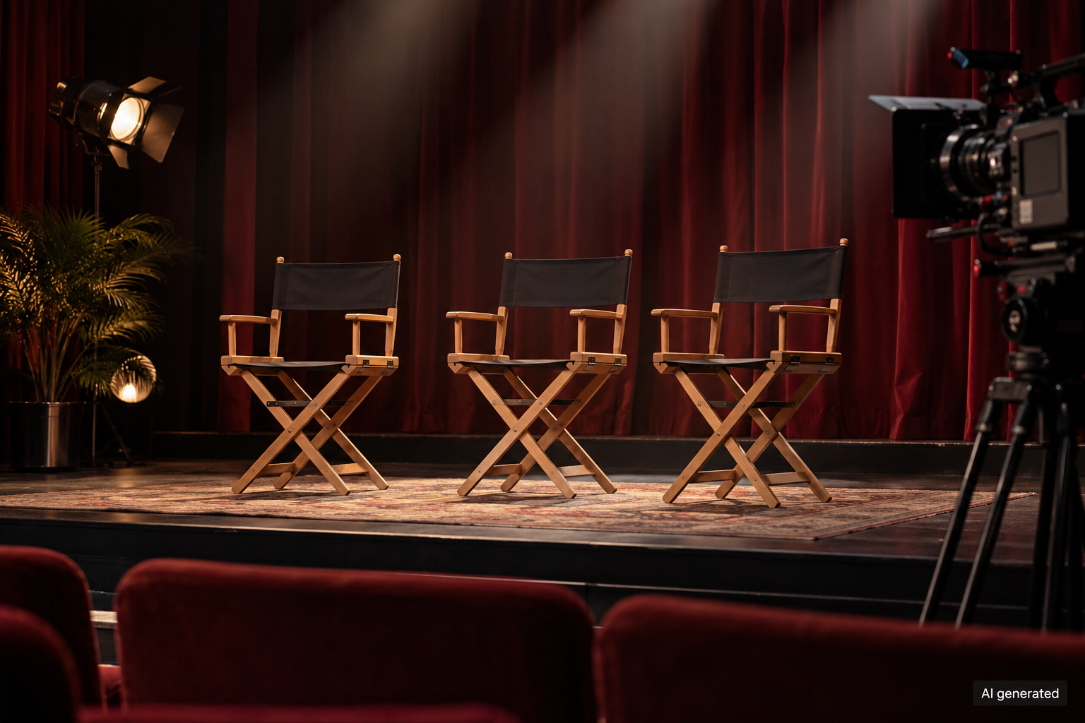 Three empty director chairs on a fictional tribute stage — AI generated