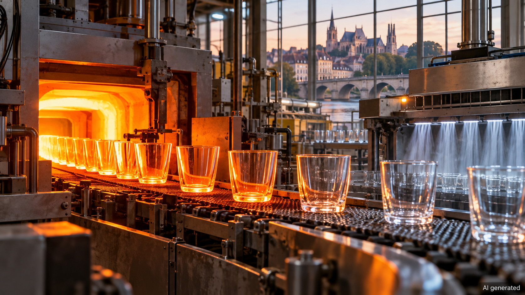 Tempered drinking glasses moving through a glowing modern furnace, AI generated
