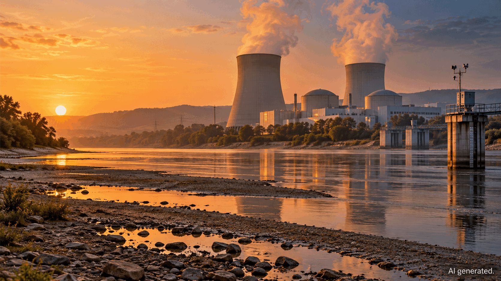 A generic nuclear power station beside a low river in summer heat, AI generated