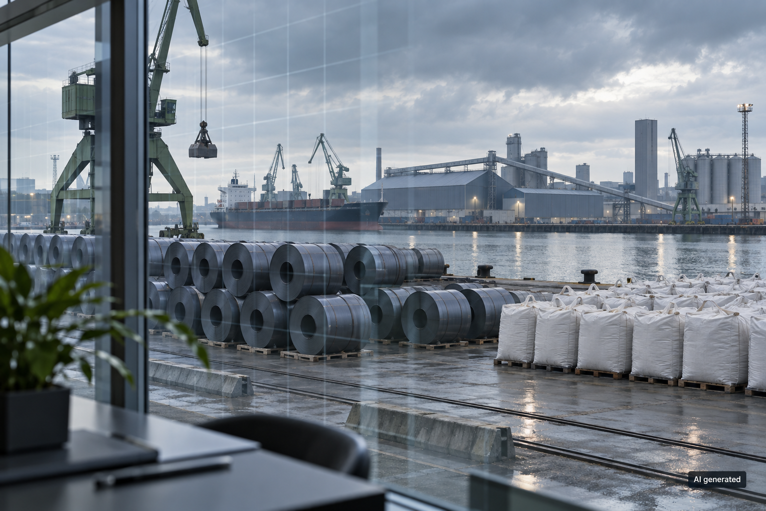 A fictional industrial port with steel coils and unbranded fertiliser sacks. AI generated.