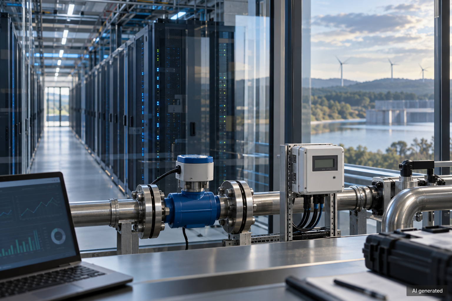 Fictional server aisle with water and energy monitoring equipment, AI generated