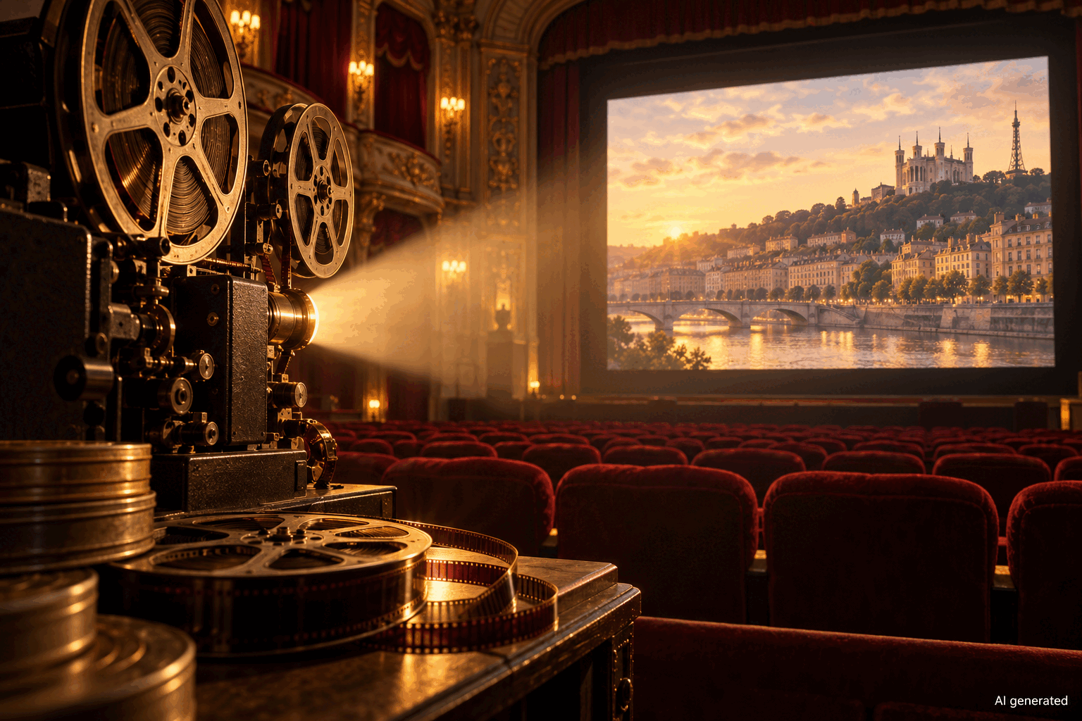 Classic cinema projection hall with film reels and an illuminated screen, AI generated