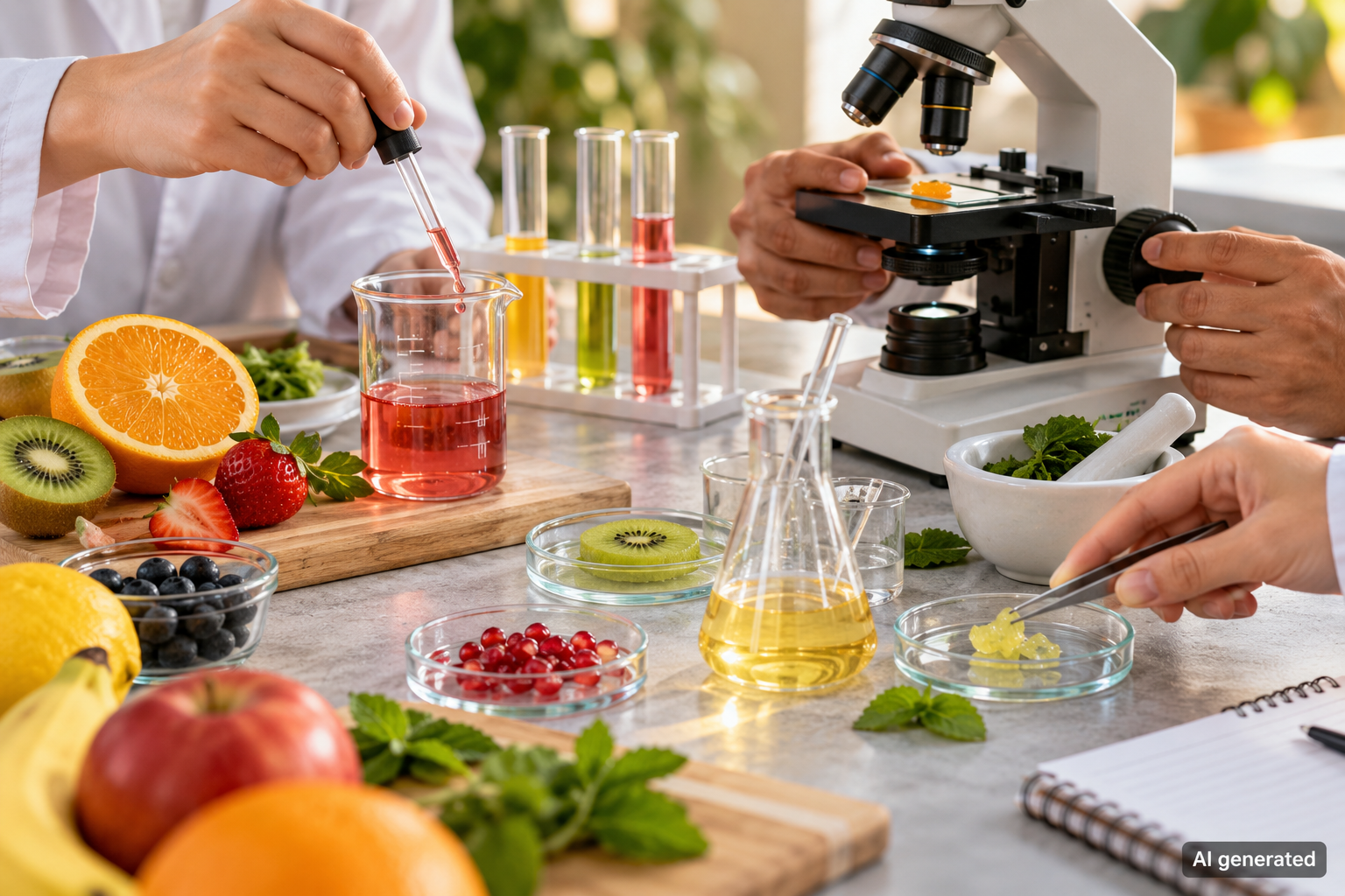 Hands conducting a fictional food chemistry workshop with fruit and laboratory glassware, AI generated
