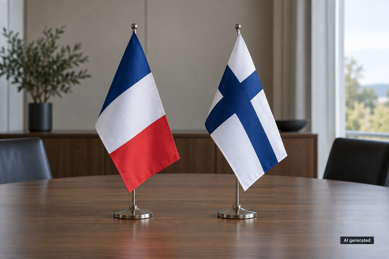 French and Finnish tabletop flags in a fictional conference room. AI generated.