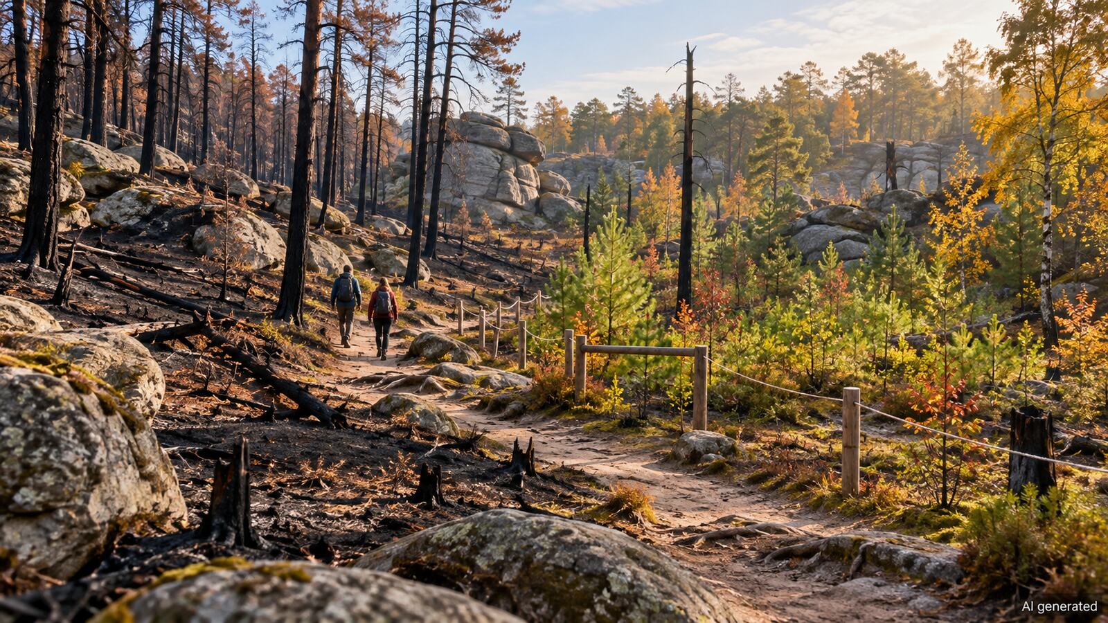 Imagined fire-damaged woodland with new growth and a protected trail, AI generated