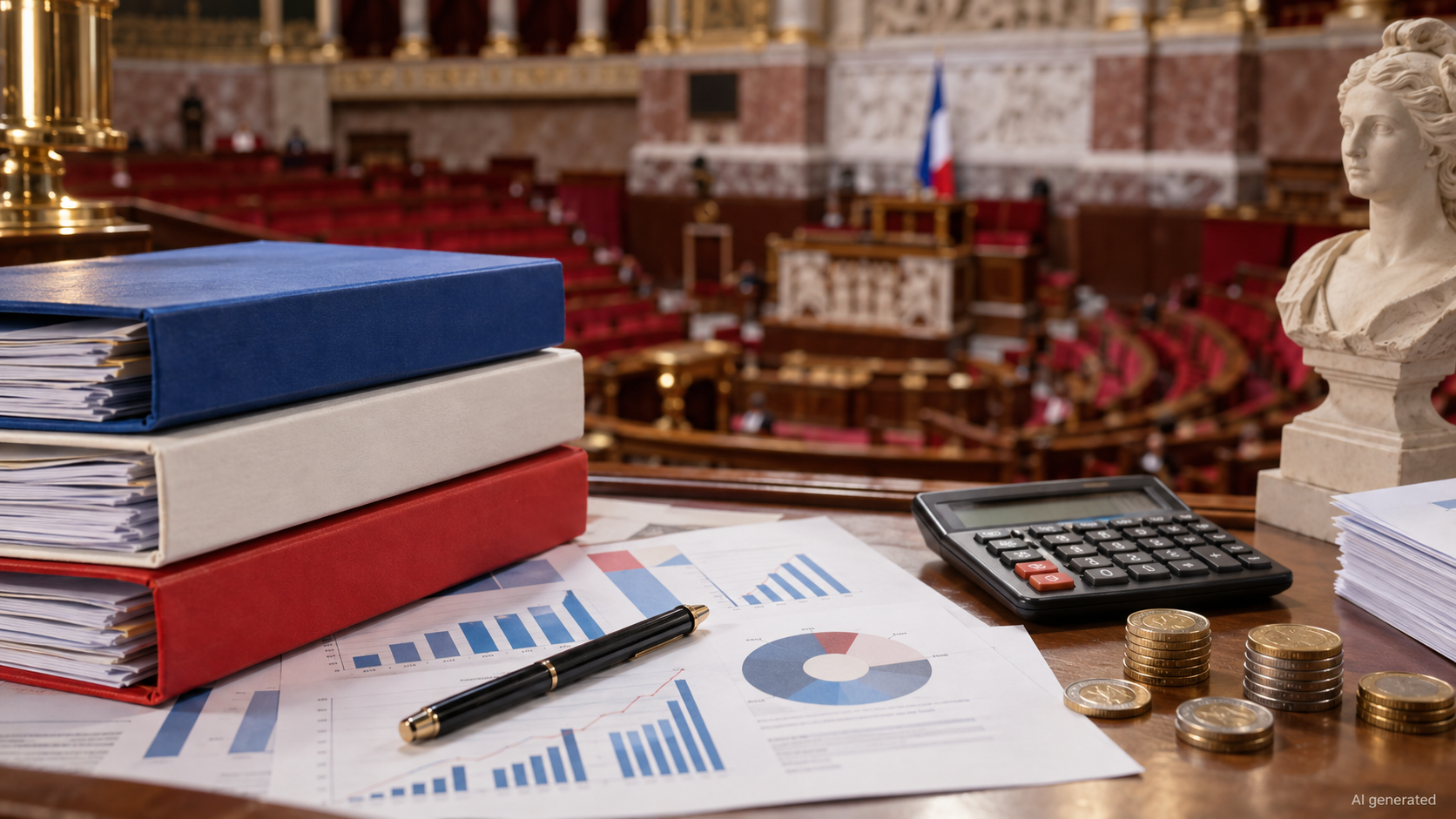 Budget papers, euro coins and a calculator in a fictional French public-finance setting. AI generated.