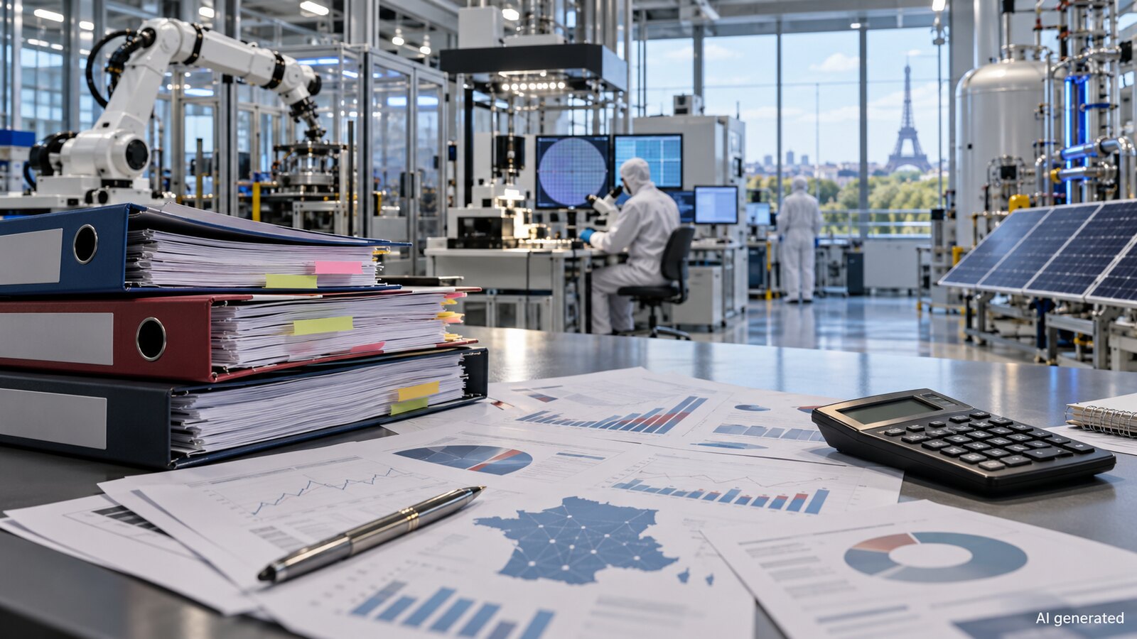 Advanced technology facility with budget files and project charts, AI generated