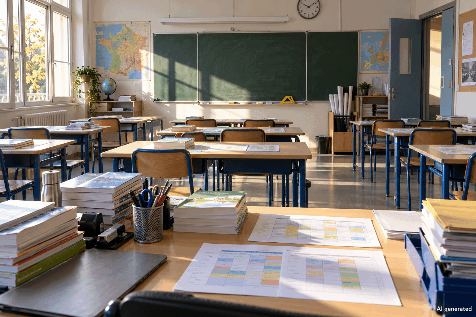 An empty French classroom prepared for incoming teachers, AI generated