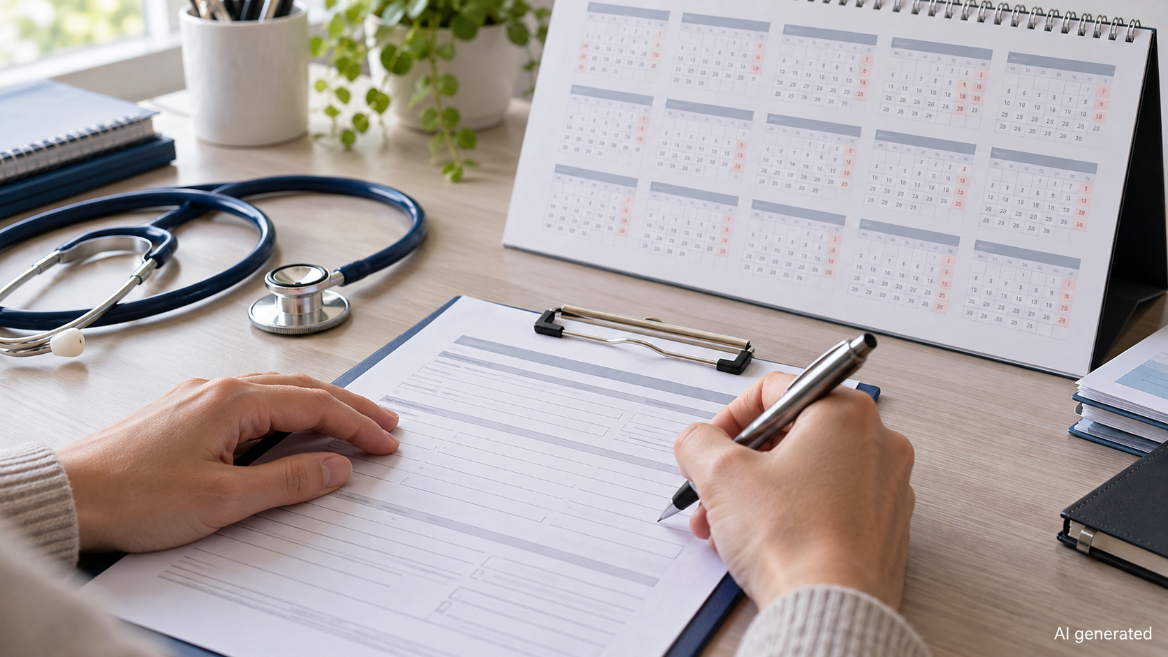 Anonymous hands completing a medical leave form beside a stethoscope and yearly calendar, AI generated