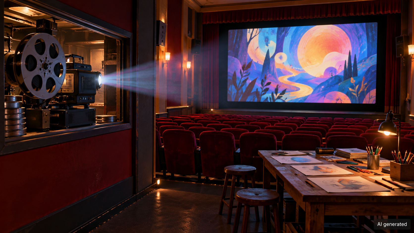 A small cinema with a projector, abstract animated screen and workshop table, AI generated