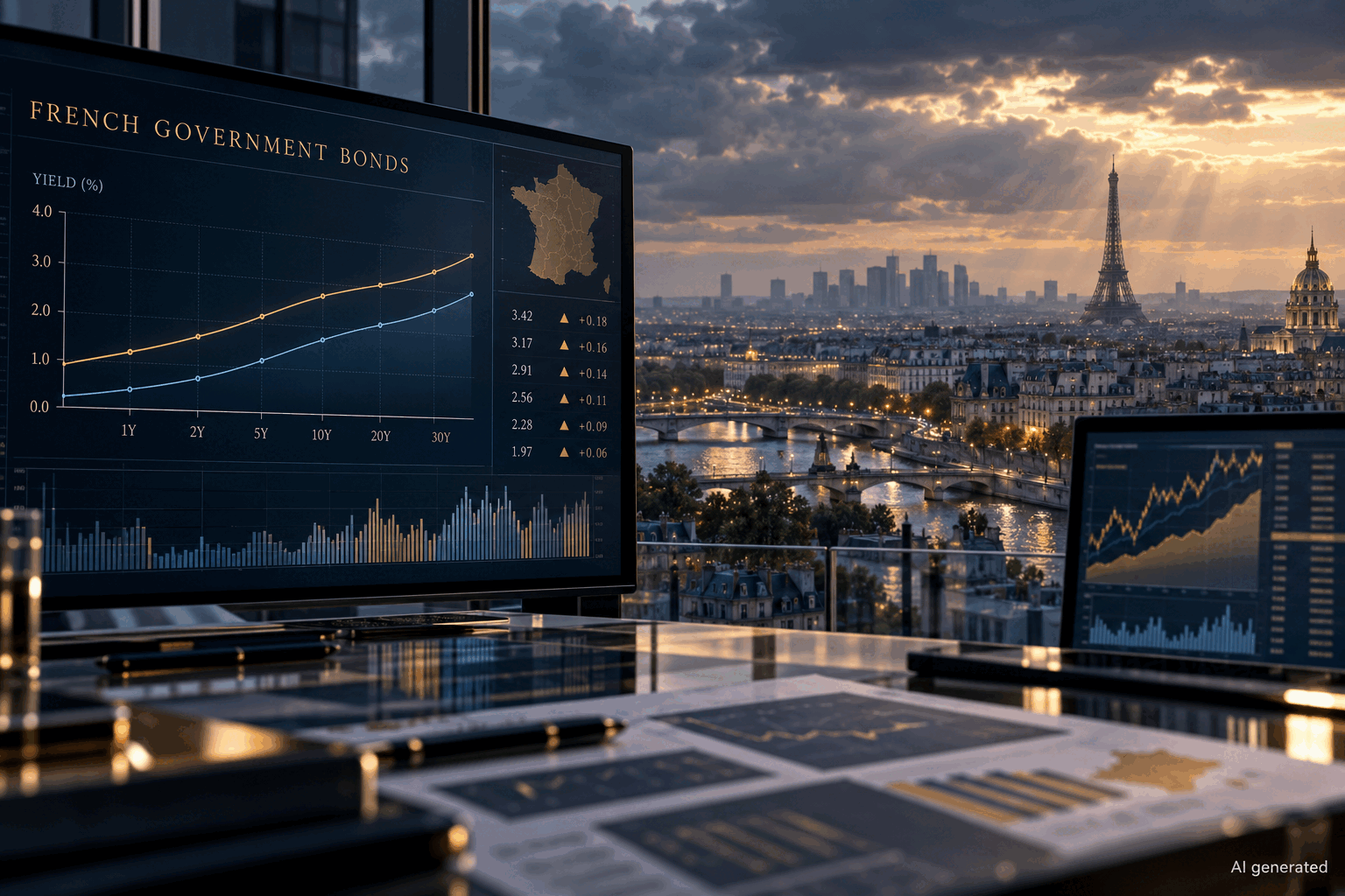 French government bond market screens with a Paris skyline, AI generated