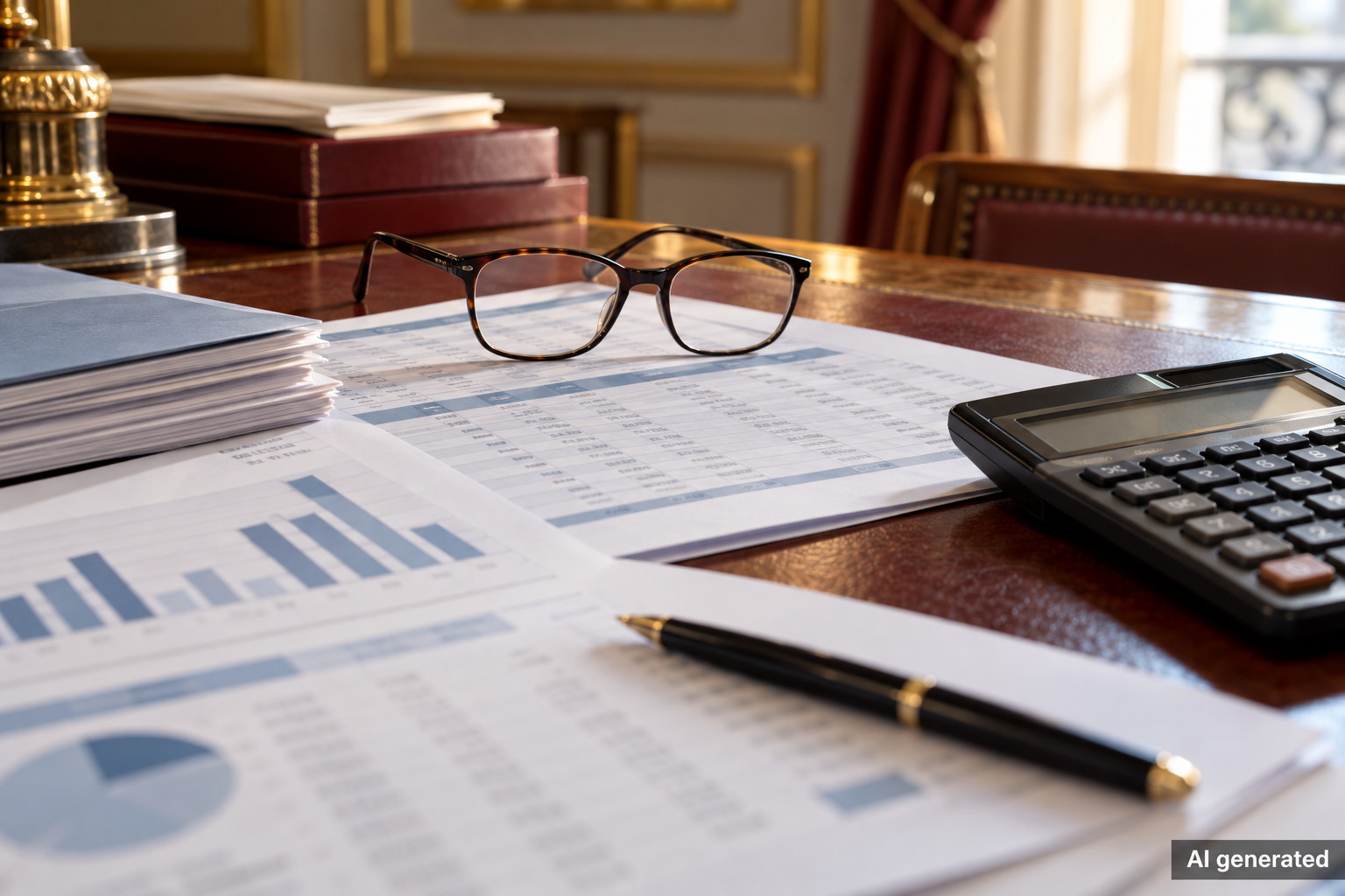 Budget papers, calculator and glasses on an imagined parliamentary desk, AI generated
