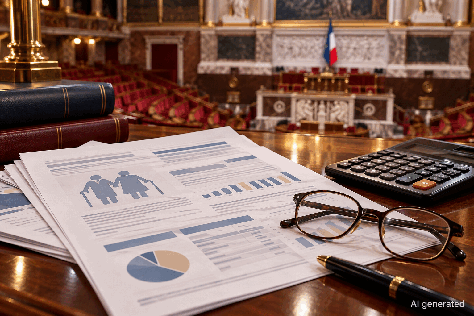 French budget papers, pension statements and calculator, AI generated