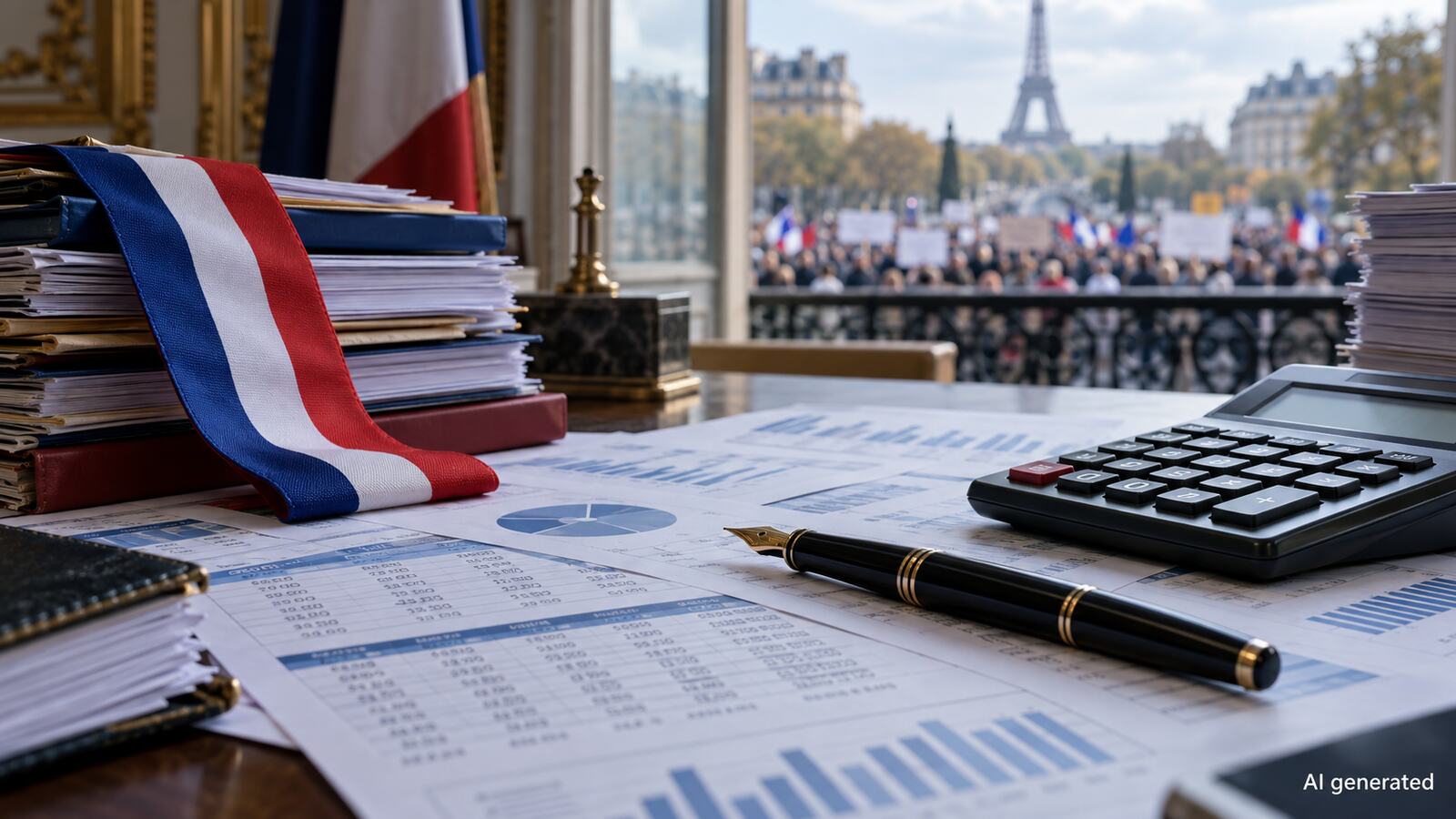 Budget papers and calculator with a distant imagined crowd, AI generated