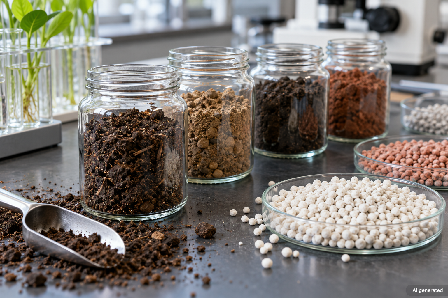 Soil samples and fertiliser granules in a generic agronomy laboratory, AI generated