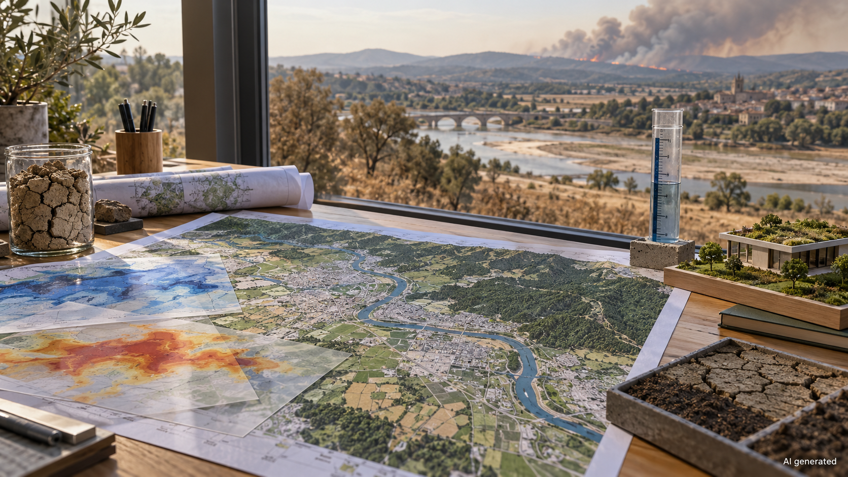 A fictional French climate-planning table overlooking drought and wildfire conditions. AI generated.