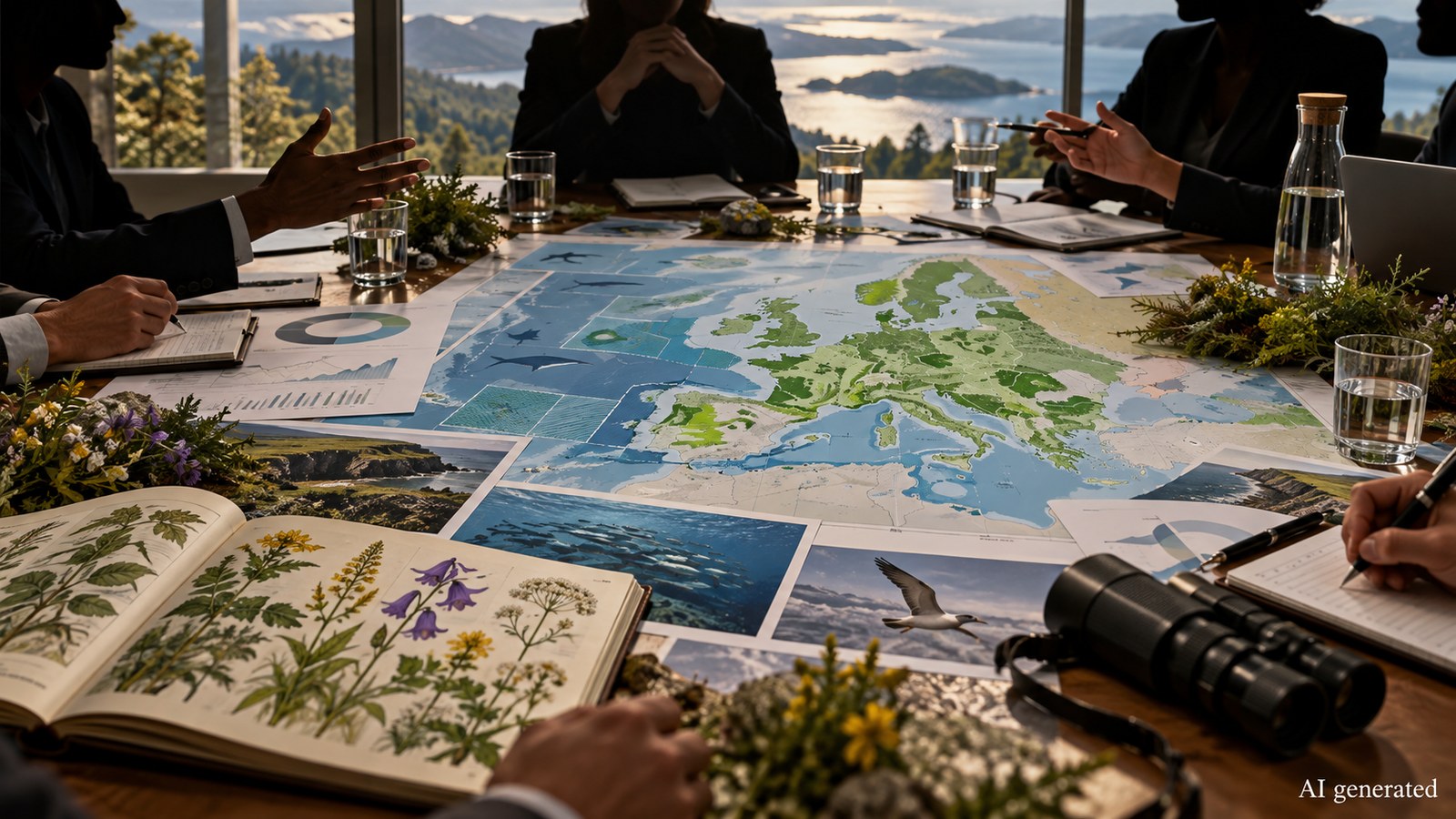 An anonymous biodiversity policy meeting with maps and field research material, AI generated