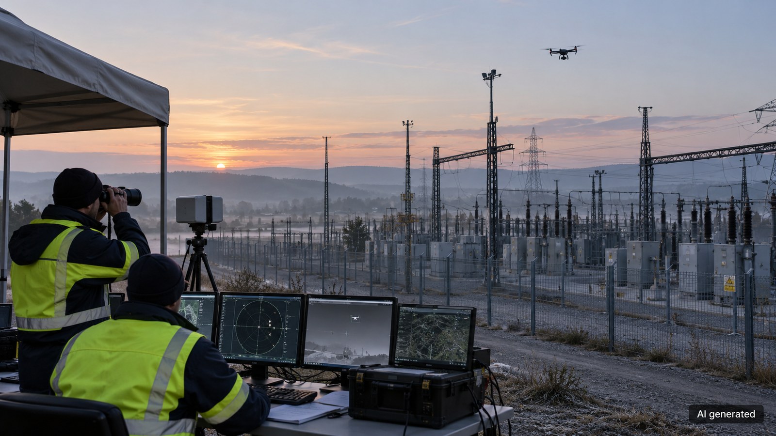An anonymous counter-drone test beside an electrical substation, AI generated