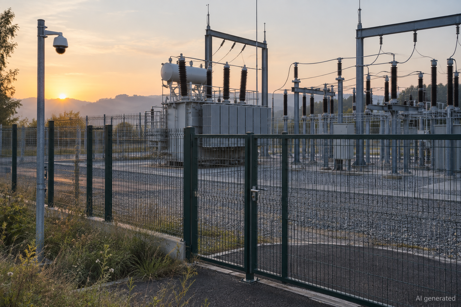 Fictional secured electrical substation at dawn, AI generated