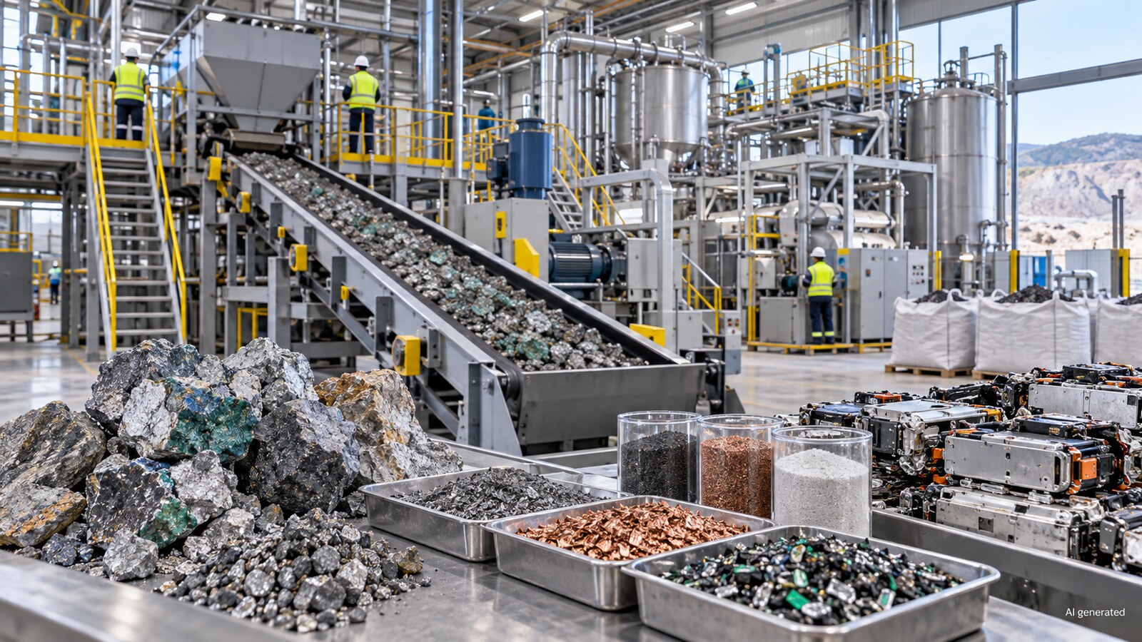 A modern critical-minerals processing and battery-recycling pilot plant, AI generated