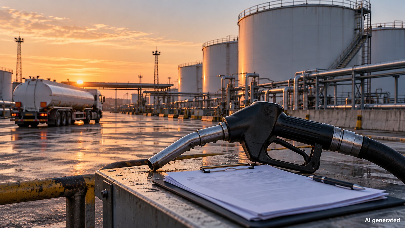 Fuel depot with tanker, pump nozzle and blank paperwork, AI generated
