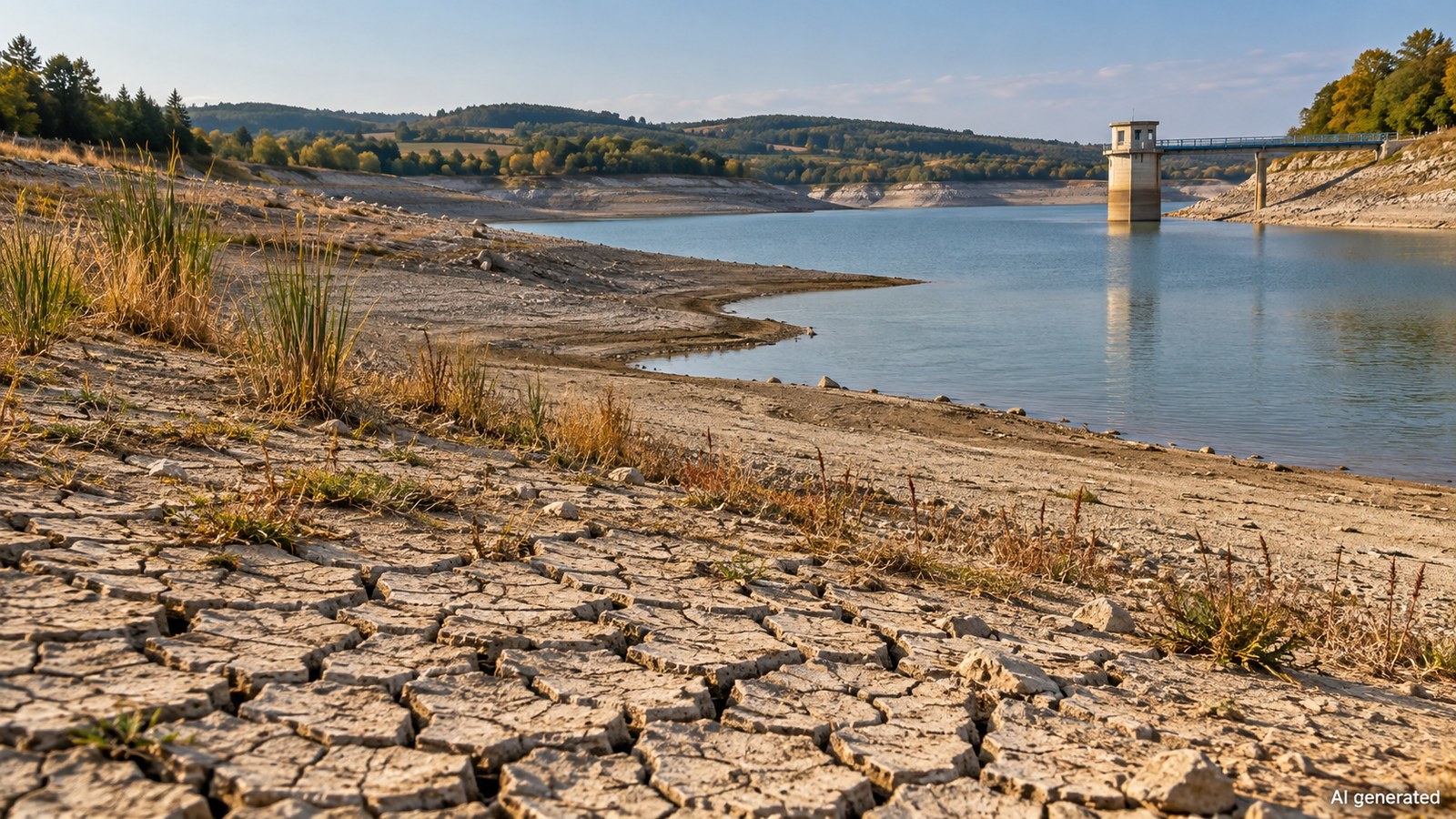 A low reservoir exposes cracked ground in an anonymous rural landscape, AI generated