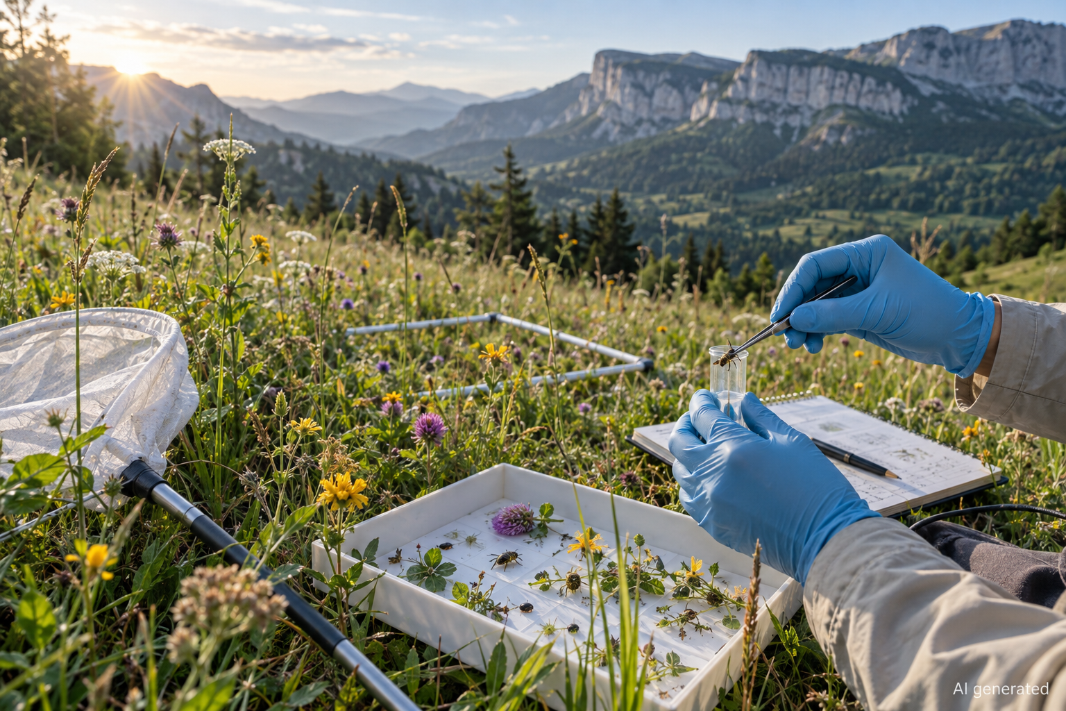 Gloved hands use field sampling equipment in a fictional Vercors biodiversity survey. AI generated.